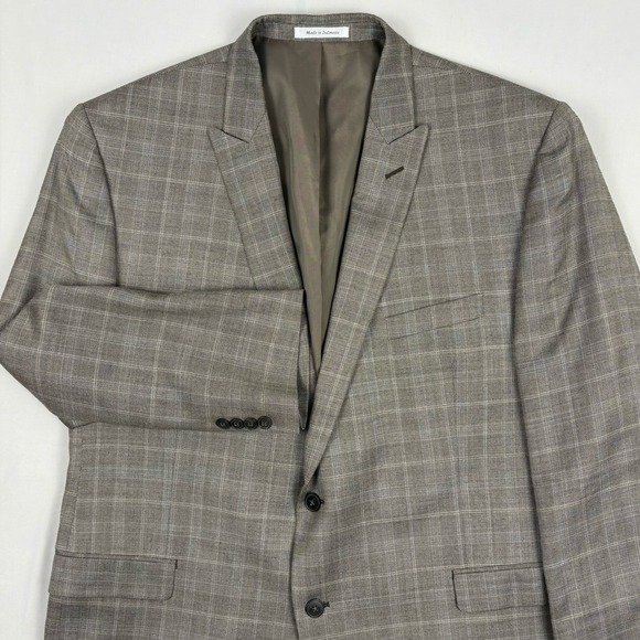 Calvin Klein Other - Calvin Klein Birdseye Silk/Wool Blend Sport Coat 48R Gray Tan Windowpane Plaid